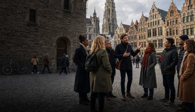 Four street musicians perform outside a clothing shop in Antwerp, playing tambourine, saxophone, double bass and accordion.