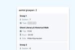 Part of Eguide's tour management interface showing two groups, including the number of guests, language, tour itinerary, duration, and assigned guide.