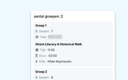 Part of Eguide's tour management interface showing two groups, including the number of guests, language, tour itinerary, duration, and assigned guide.