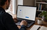 Persoon vult een contactformulier in op een website via een laptop.