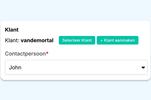 Eguide customer selection interface with options to select or create a customer and choose a contact person.