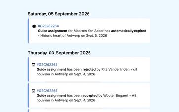 A chronological notification feed showing an accepted guide request, a new booking comment, and an accepted proposal.