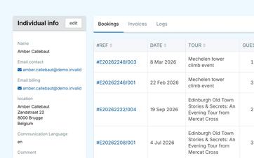 Customer profile, including past bookings, invoices, and correspondence sent.