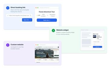 A diagram showing a direct booking link, a website widget, and a custom website, all of which lead to the same Eguide booking process.