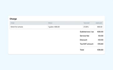 Financial summary of a booking showing the subtotal, service fee, discount, VAT, and total amount.