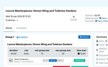 Guide assignment details showing the date, group information, language, starting location and shared comments.