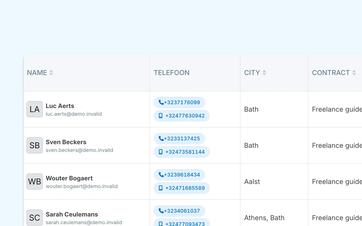 Directory of consultants, including contact information, areas of expertise, languages, contract type, and active account status.