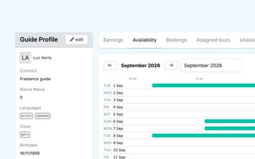 Guide profile with contact information, professional background, active status, and past bookings.