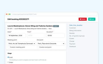 New booking using the organization’s default language, payment terms, and response deadline.