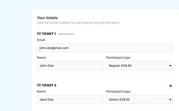 Online ticket selection for an event with different participants and ticket prices.