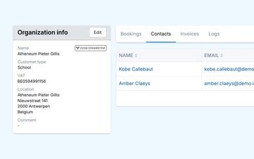 Organization profile listing multiple contacts for bookings, operational follow-up, and invoicing.