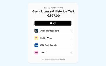 Payment overview for a booking made via Mollie, bank transfer, and credit card.