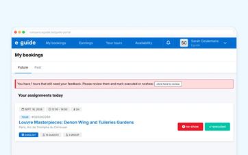 Personal guide dashboard showing new requests, today's assignments and upcoming bookings.