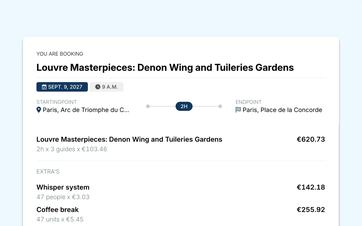 Online booking flow for a private tour showing the selected date, start time, and group composition.