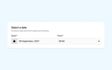 Eguide's selection widget for choosing a date and time slot when booking a tour