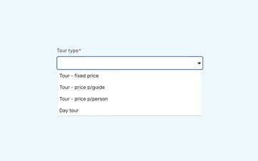 Pricing settings for a tour with a fixed price, a price per guide, or a price per person, plus multiple pricing options.