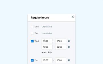 Weekly availability overview showing fixed working hours and multiple time slots for each day.
