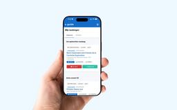 A hand holding an iPhone displaying the Eguide portal with upcoming bookings and assignments.